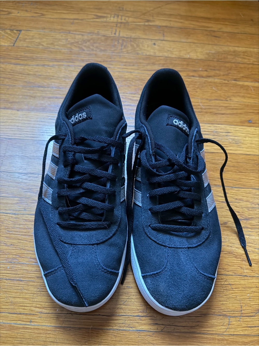 adidas Women’s VL Court Black Suede Sneakers with Silver Stripe Accents